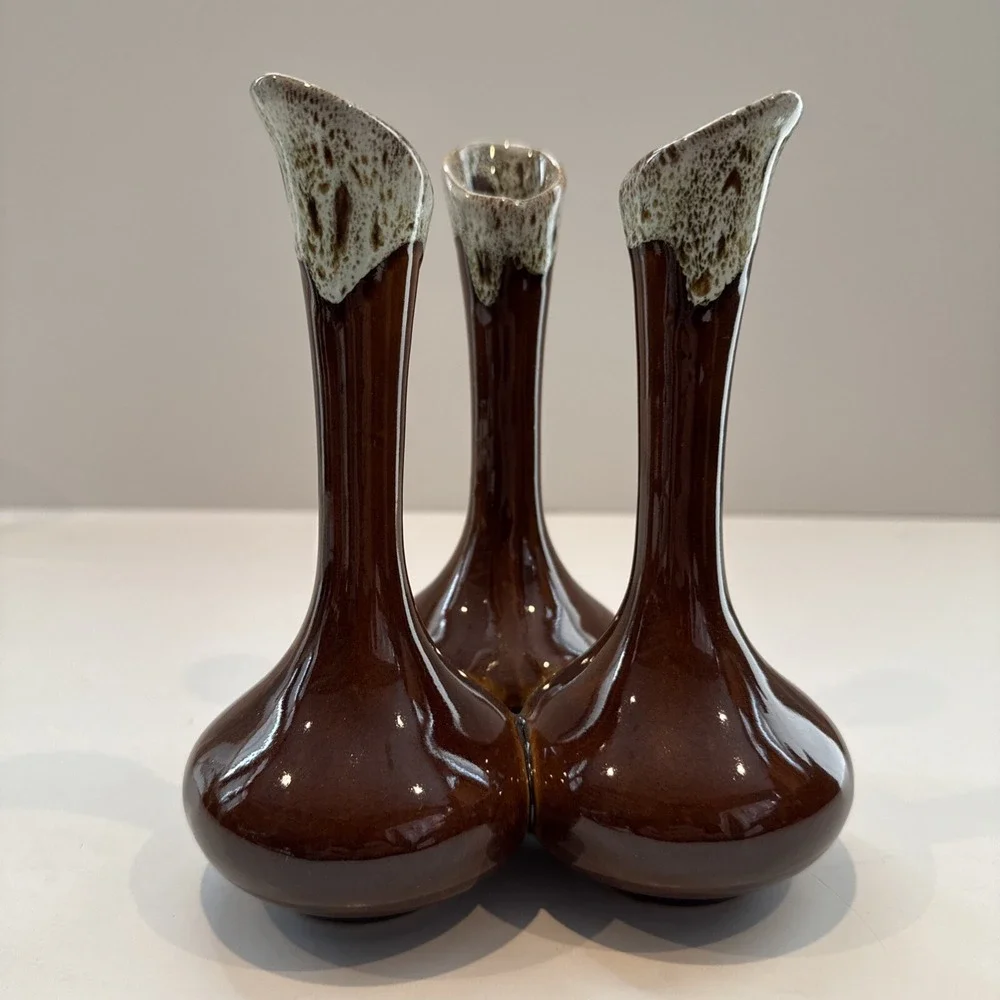 Vintage Van Briggle Pottery Triple Bud‎ Vase in Brown with White Drip Glaze
